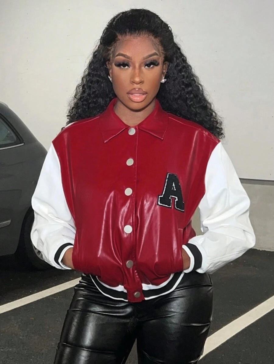 Slaydiva Letter Patched Striped Trim Colorblock PU Leather Varsity Jacket - Multicolor - View 1