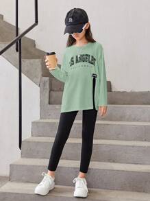 SHEIN Tween Girl Letter Graphic Split Hem Drop Shoulder Tee & Leggings - Mint Green - View 3