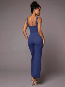 SHEIN BAE Solid Square Neck Jumpsuit - Royal Blue - View 2