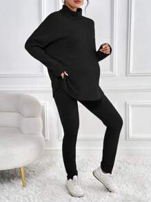 SHEIN Maternity Turtleneck Batwing Sleeve Tee & Adjustable Waist Leggings, For Winter - Black - View 4