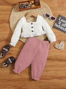 SHEIN 女嬰紐扣細節荷葉邊上衣和褲子 - 彩色 - 查看 1