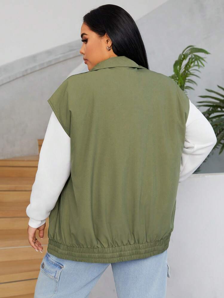 Plus Letter Patched Flap Pocket Drawstring Hem Vest Jacket Without Hoodie