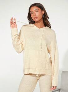 SHEIN BASICS Kangaroo Pocket Drop Shoulder Drawstring Hooded Sweater