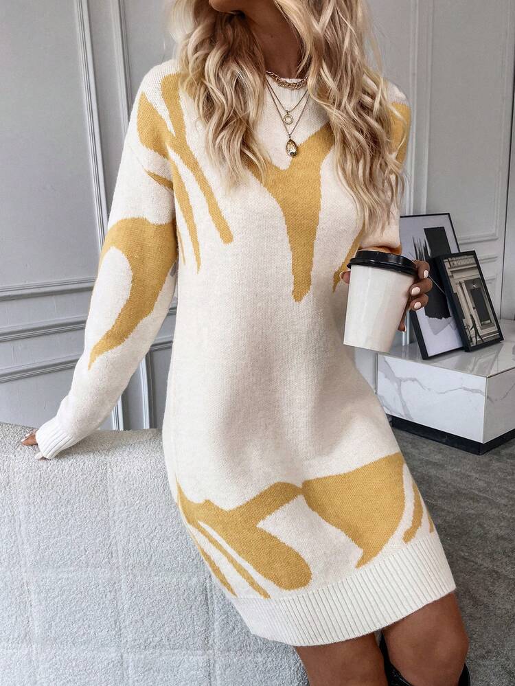 Graphic Pattern Drop Shoulder Sweater Dress