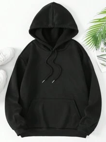 INAWLY Letter Graphic Drop Shoulder Drawstring Thermal Lined Hoodie - Black - View 2
