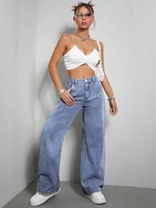 SHEIN EZwear 高腰闊腿牛仔褲 - 中等水洗藍 - 查看 3