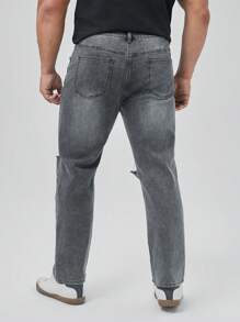 Manfinity VCAY 男士大码潑墨圖案破洞直筒牛仔褲 - 灰色 - 查看 2