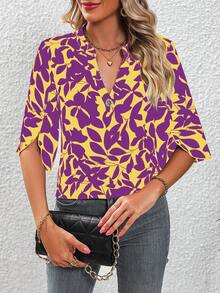 SHEIN LUNE 滿版印花缺口領花瓣袖襯衫 - 黃色 - 查看 3