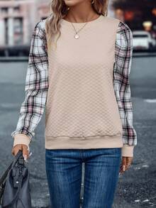 SHEIN LUNE In kẻ sọc Ống tay áo Áo nỉ - Màu Khaki - Xem 3