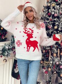 SHEIN LUNE Christmas Elk Pattern Drop Shoulder Fluffy Knit Pullover Fall Winter Sweater - Red and White - View 4