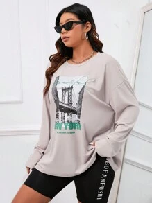 SHEIN EZwear Plus Building & Slogan Graphic Drop Shoulder Tee - Apricot - View 4