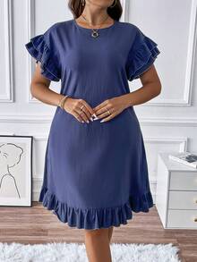 Celure Plus Solid Ruffle Trim Dress - Blue - View 3