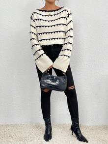 SHEIN Frenchy Mẫu sọc Thả vai Áo len - Màu be - Xem 6