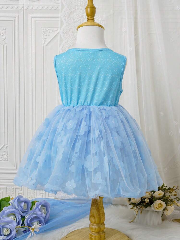 Baby Girl Figure Graphic Contrast Mesh Dress & Jacket