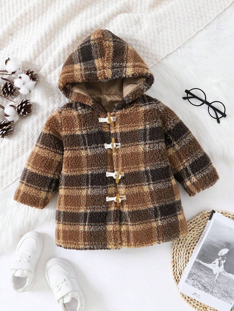Baby Boy Plaid Pattern Hooded Duffle Teddy Coat