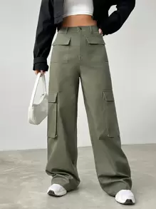 SHEIN EZwear Flap Pocket Side Cargo Pants - Army Green - View 6