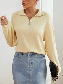 SHEIN Essnce Half Zip Drop Shoulder Teddy Sweatshirt - Khaki - View 3