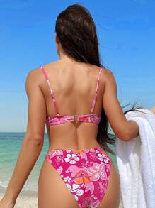 Swim Mod Summer Beach Floral Print Underwire Bikini Set - Multicolor - View 2