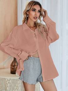 SHEIN Frenchy Solid Drop Shoulder Button Front Shirt - Dusty Pink - View 4