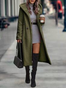 SHEIN LUNE Double Breasted Hooded Teddy Coat - Army Green - View 1