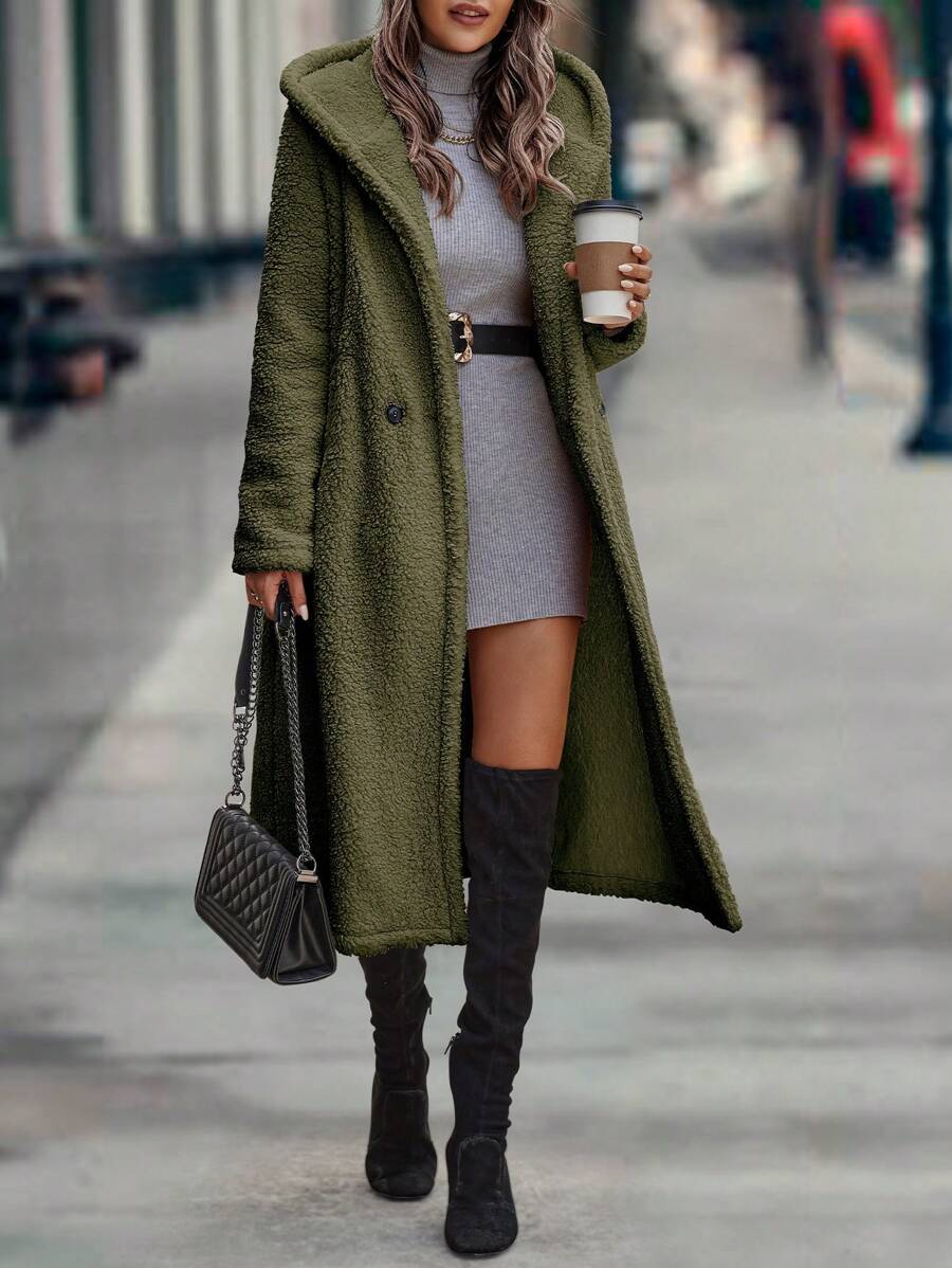 SHEIN LUNE Double Breasted Hooded Teddy Coat - Army Green - View 1