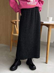 FRIFUL 女士纯黑色纹理泡泡面料弹力腰无口袋直筒半身裙，百搭显瘦