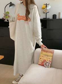 DAZY 字母图案落肩开衩下摆T恤连衣裙，秋装长袖连衣裙 - 灰色 - 查看 7