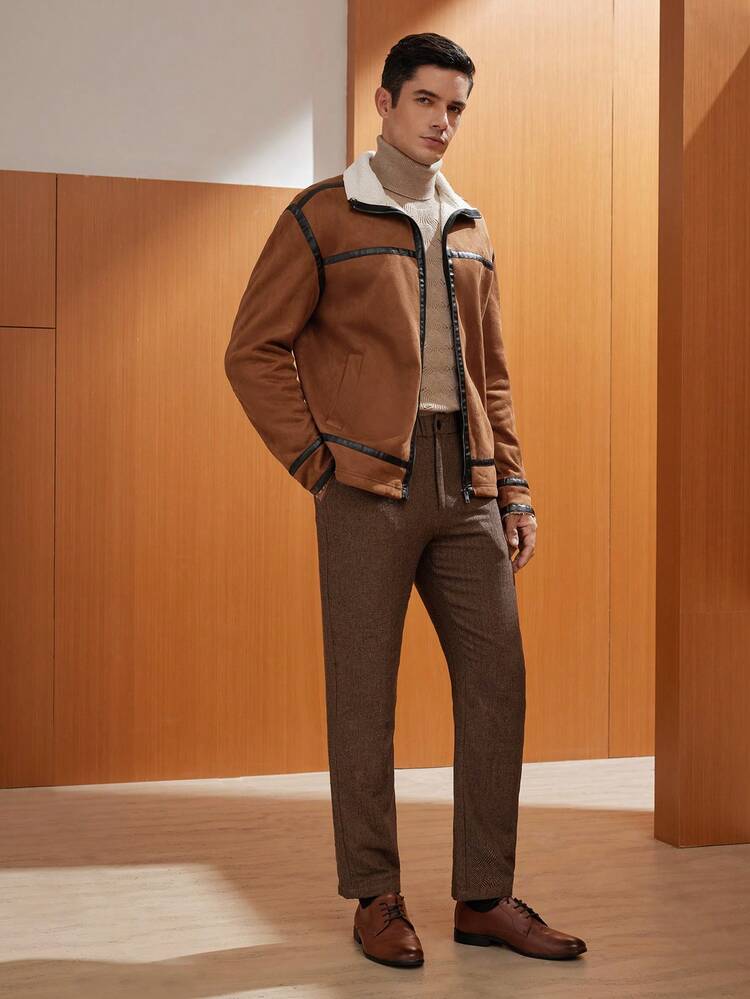 Men's Oversized Faux Suede Jacket With Teddy Lining And Contrast Binding