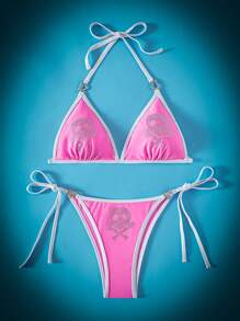 骷髏印花綁頸側系比基尼套裝 - 粉色 - 查看 4