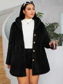 SHEIN EZwear Plus Button Front High Low Hem Hooded Teddy Coat - Black - View 5