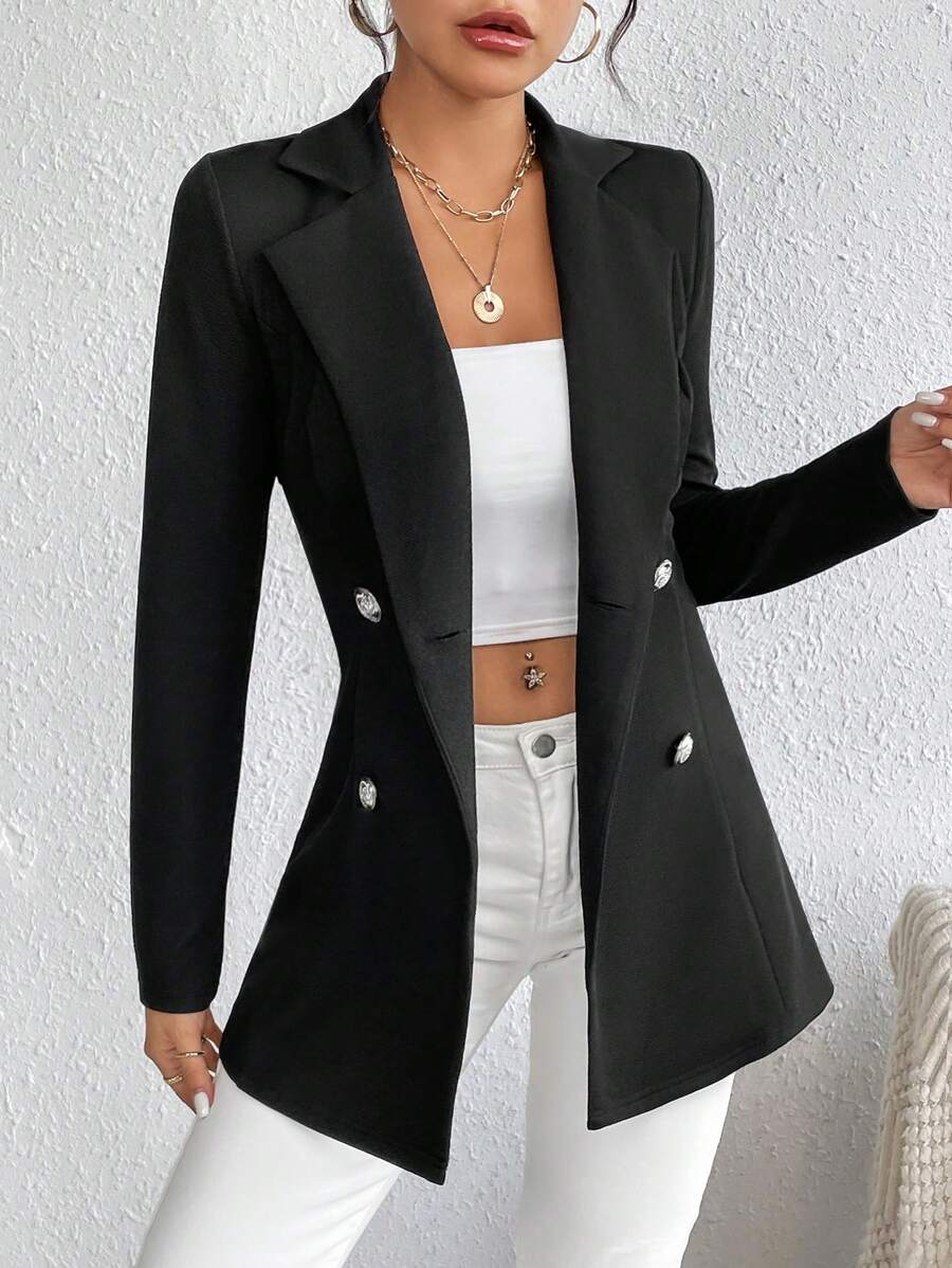 SHEIN Frenchy Lapel Neck Double Breasted Blazer In Fall/Winter Black Elegant Formal - Black - View 1