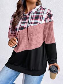 SHEIN LUNE 加大码格子印花撞色抽绳卫衣 - 粉色 - 查看 4