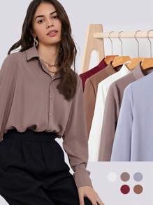 BizChic 女士纯色翻领开衫长袖垂坠衬衫，基本款都市通勤风格，简约优雅时尚商务休闲装，适合教师和办公室穿着，秋季