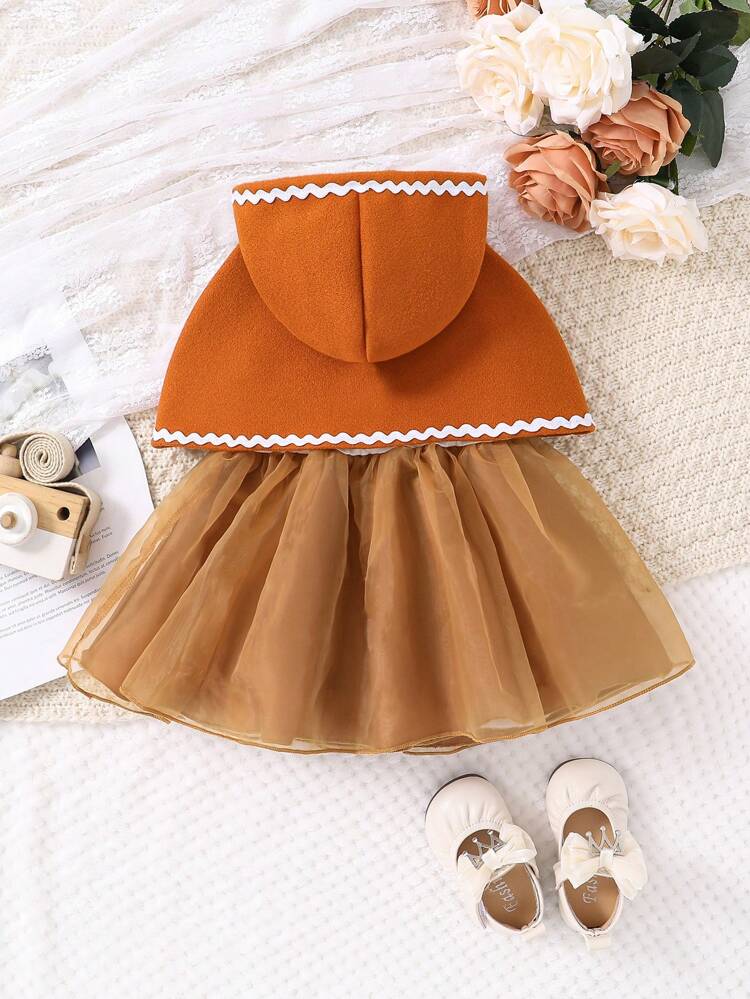 Baby Girl Checkerboard Print Dress & Hooded Cape Coat & Scarf