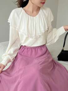 FRIFUL Chất rắn Viền Ruffle Tay áo Đèn lồng Áo thun - Màu be - Xem 6