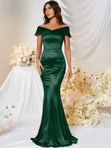 MUXXN Off Shoulder Mermaid Hem Satin Formal Dress, Elegant Prom Evening Wedding Guest Gown, For Graduation, Dinner - Dark Green - View 1