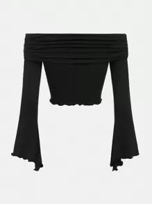 SHEIN Girlism Teen Girl Off Shoulder Lettuce Trim Ruched Tee - Black - View 2