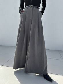 DAZY 拼接細節闊腿西裝褲 - 灰色 - 查看 8