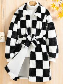 SHEIN Tween Girl Checkerboard Pattern Belted Flannel Coat Without Sweater - Black and White - View 1