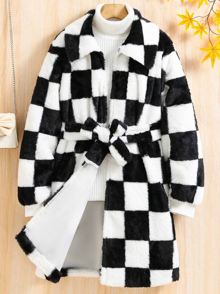 SHEIN Tween Girl Checkerboard Pattern Belted Flannel Coat Without Sweater - Black and White - View 1