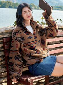 DAZY 几何印花灯笼袖半拉链运动衫、长袖上衣、秋季女装 - 駝色 - 查看 6