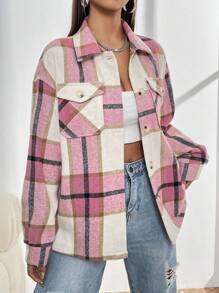 SHEIN Unity 格紋印花翻蓋口袋落肩袖襯衫 - 粉色 - 查看 6