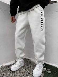 Manfinity Homme 男款寬鬆字母圖案束口褲 - 白色 - 查看 1