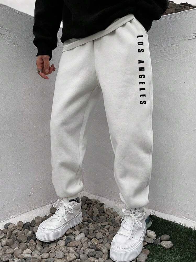 Manfinity Homme 男款寬鬆字母圖案束口褲 - 白色 - 查看 1