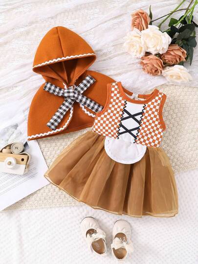 SHEIN Baby Girl Checkerboard Print Dress & Hooded Cape Coat & Scarf