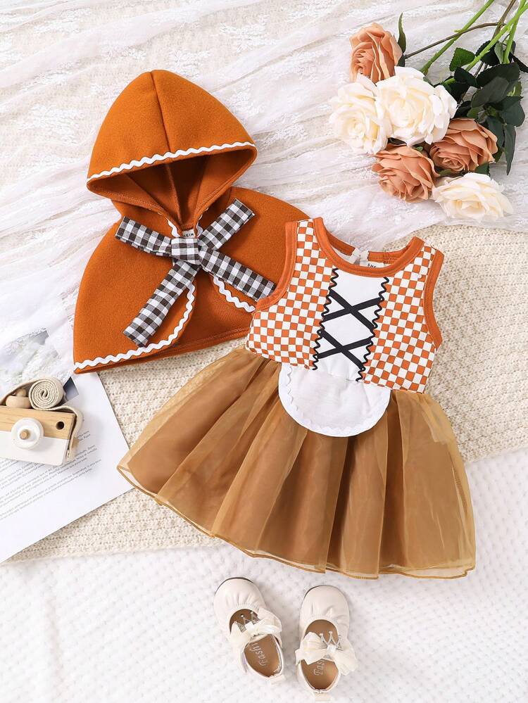 Baby Girl Checkerboard Print Dress & Hooded Cape Coat & Scarf