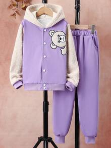 女大童小熊刺繡加絨內裏連帽夾克和運動褲 - 紫丁香色 - 查看 4