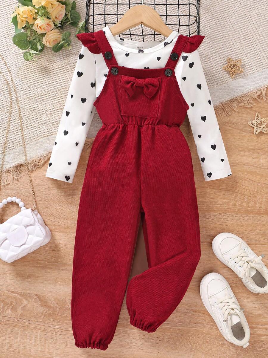 SHEIN Elladie kids 女小童愛心圖案T恤&前蝴蝶結背帶連身褲 - 酒紅色 - 查看 1