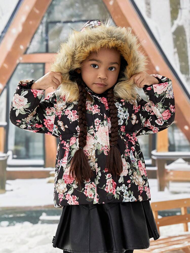 Young Girl Floral Print Fuzzy Trim Hooded Padded Coat