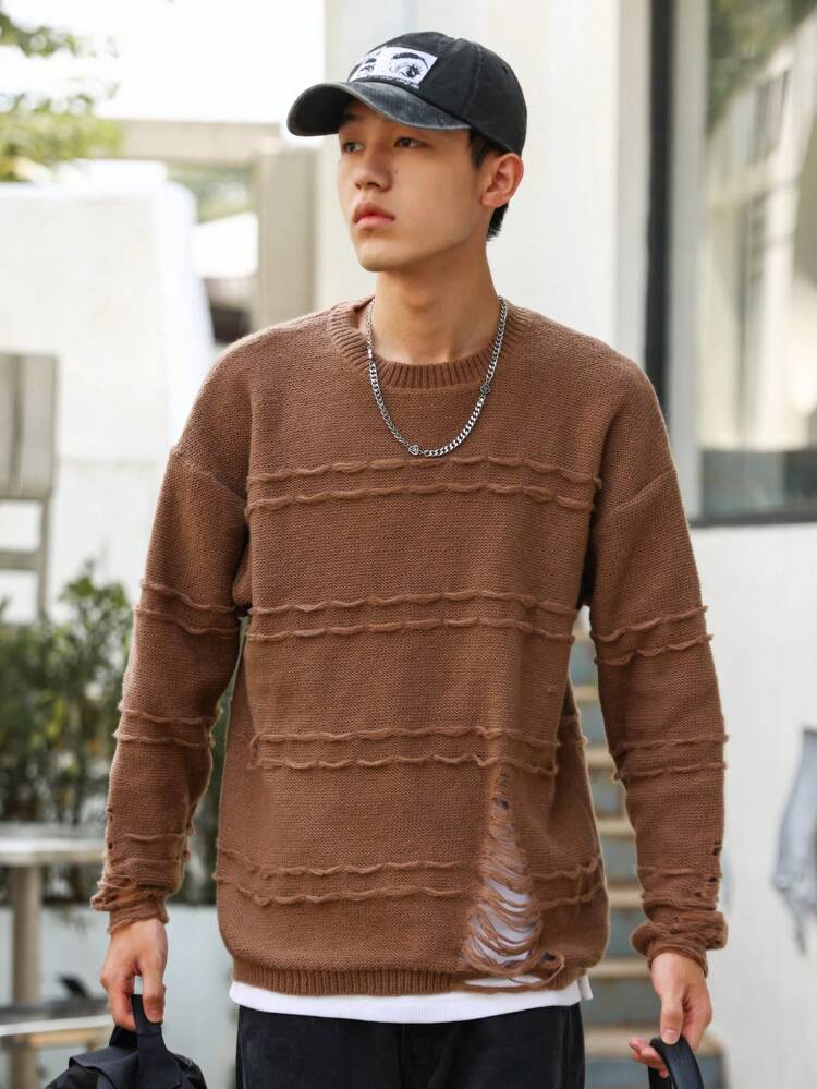 Men Ripped Drop Shoulder Sweater